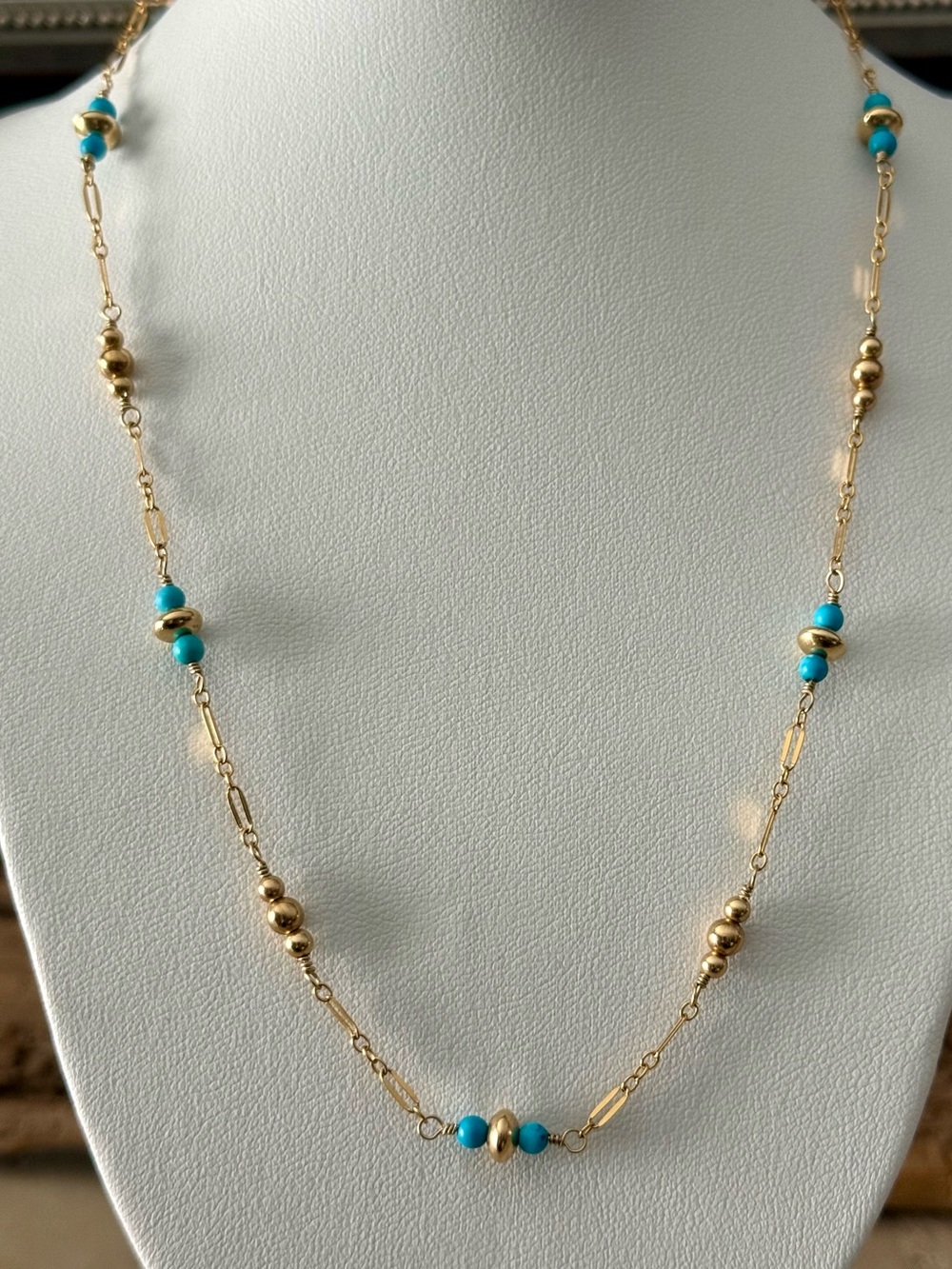Handcrafted Gold Filled Sterling and  Turquoise Bead Station Necklace